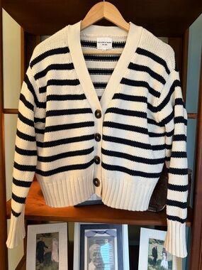 Black and Cream Striped V-Neck Cardigan Sweater